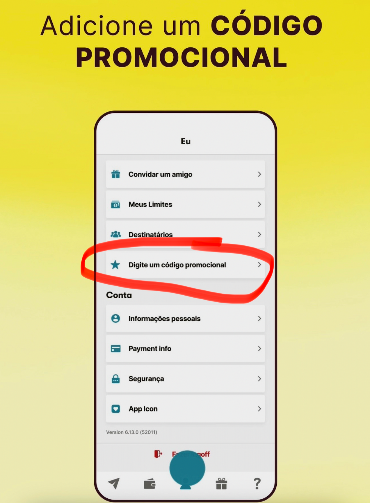 Print do app Sendwave mostrando onde digitar o código promocional